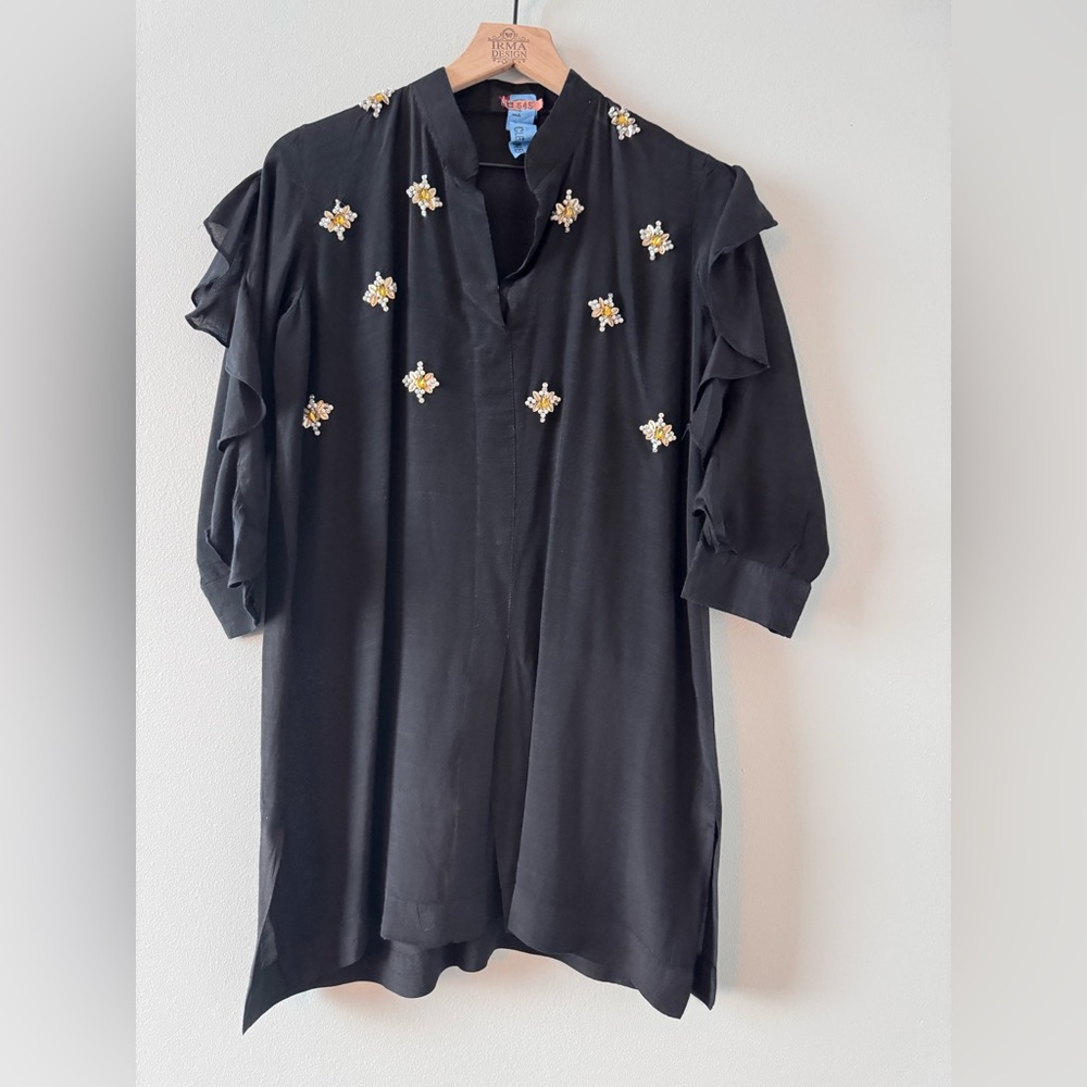 Black Embellished 3/4 Sleeve Blouse with Mandarin Collar